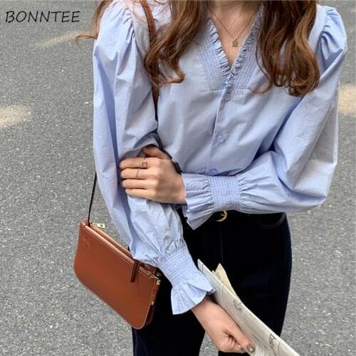 Shirt Women Solid Color V-neck Elegant Female Office Spring Lantern Sleeve Casual Chiffon Lady Trendy Clothing French All-match