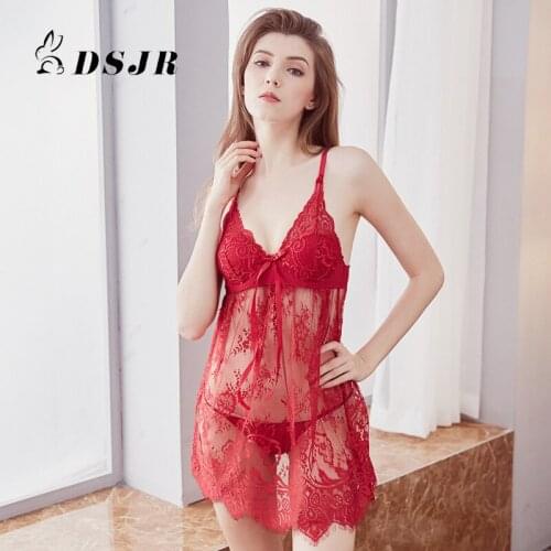 Sexy Transparent Sling Nightdress with Breast Pad Gathered Lace Deep V-neck Seduction Skirt Erotic Lingerie Babydolls Camisolas