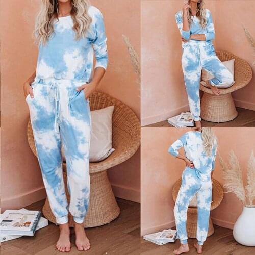 XUANCOOL 2020 Autumn Womens Tracksuit Set Tie-dye Casual Long Sleeve Home Service Woman Tracksuit Set Tops and Pants Clothing