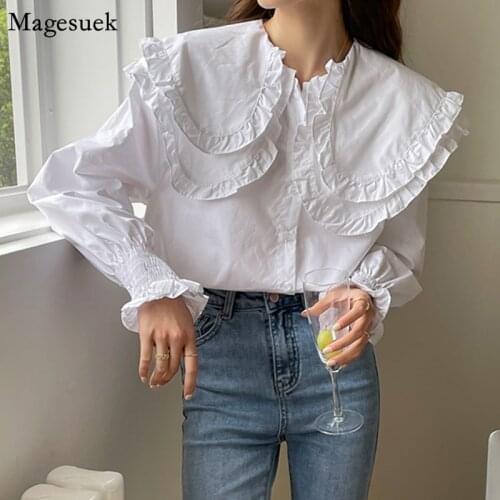 Korean Chic Turn Down Collar Ruffled Woman Blouses Tops White Long Sleeve Shirt Women Loose Casual Fashion Clothing Blusas 13905