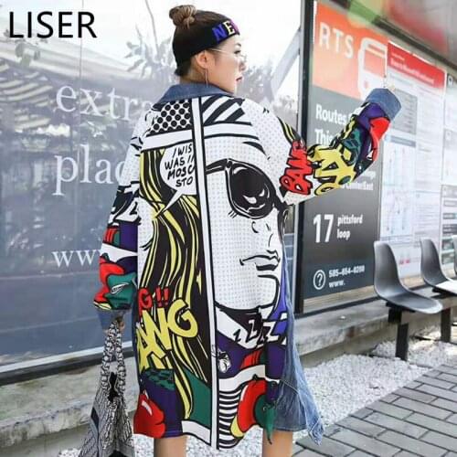 Abstract Cartoon Pattern Stitching Denim Windbreaker Jacket Women Loose Large Size 2021 Autumn New Cardigan Long Jacket LL286