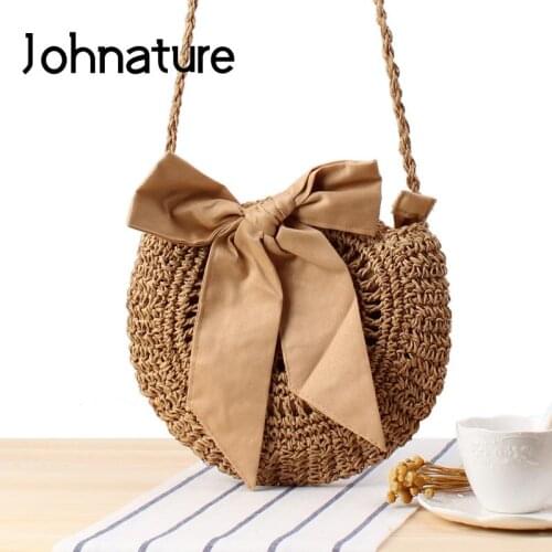 Johnature Lovely Bowknot Woven Summer Straw Bag 2021 New Bohemian Holiday Beach Crossbody Bag Versatile Women Shoulder Bags