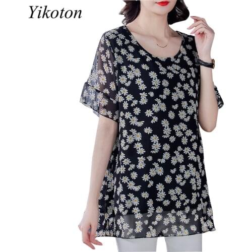 Long Style Plus Size Tops Tunic Women Summer Printed Polka Dots Fashion Casual Chiffon Blouse Women Loose Dress Shirts chemise