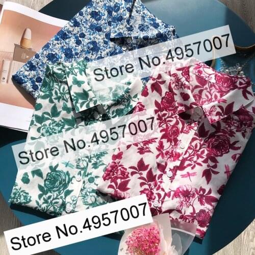 Women High-end Long Sleeve Lapel Silk & Cotton Floral Printing Blouse Shirt