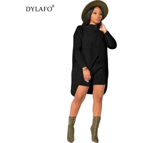 2 Piece Set Women Split Knitted Sweater Medium Length Top+Shorts Two Piece Set Long Sleeves Casual Set Loose Tops Jumper Femme