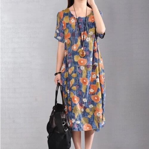 Casual Floral Print Dress Vintage Beach Midi Summer Womens Plus Size Loose Short Sleeve Dresses for Women 2021 Femme Y336