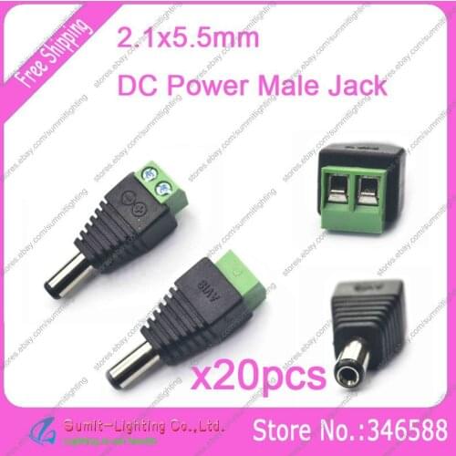 20PCS 5.5x2.1mm DC Power Male Jack Plug Cable Easy Connector Strip-to-DC Power Adapter for single color LED strip light /CCTV