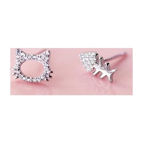 Asymmetry Earrings Authentic Real 100% 925 Sterling Silver fine Jewelry Open Kitten Cat& Fishbone CZ Set Stud Earrings GTLE2365