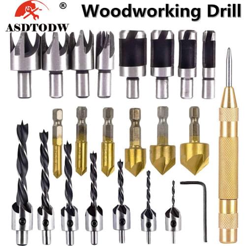 23-Pack Woodworking Chamfer Drilling Tool Countersink Drill Bits Wood Plug cutter and Automatic