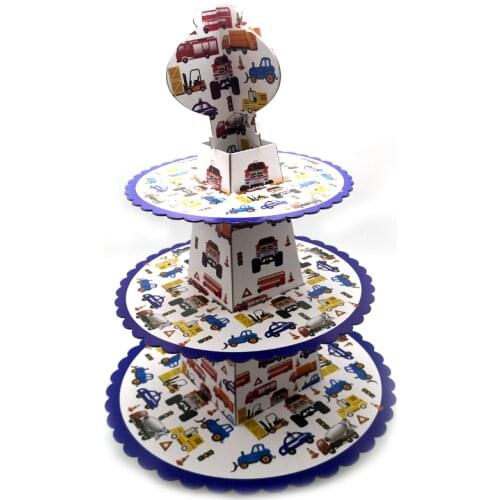 Boys Kids Favors 3 Tier Cupcake Holder Baby Shower Paperboard Truck Bus Cars Pattern Cake Stand Birthday Party Supplies 1set/lot