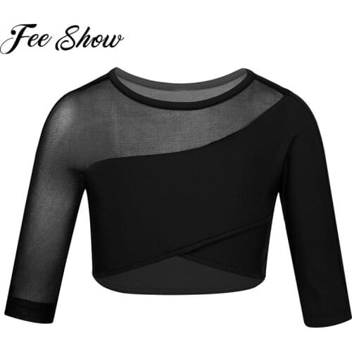 Kids Girls 3/4 Sleeves Asymmetrical Tops Stretchy Sport Crop Top for Ballet Dancing Stage Performance Workout Clothes Sportswear