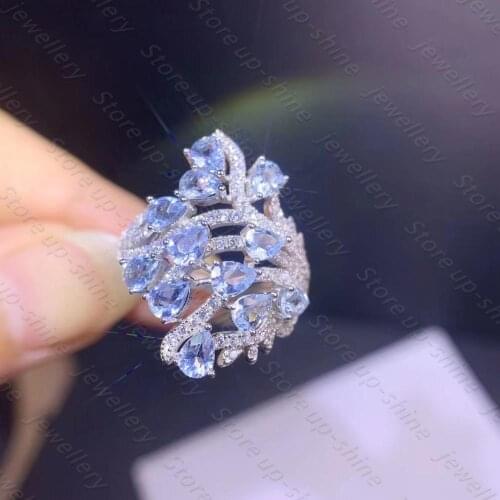 Exclusive new natural aquamarine 925 silver womens ring is pure and transparent, luxurious and elegant