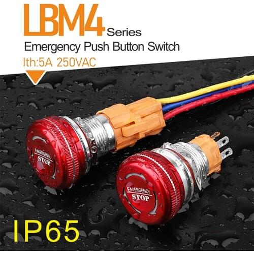 LANBOO 16mm 19mm 22mm Mushroom emergency stop push button switch with led 12V24V light luminescence waterproof IP65