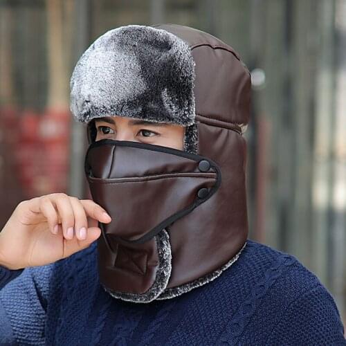 Bomber Hat Male Winter Outdoor Warm Cap Women Thicken Ear Neck Protection Windproof PU Leather Cyclists Fashion Female Cap H7282