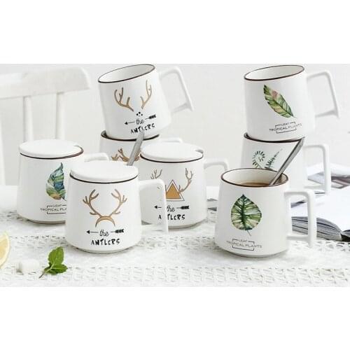 400ml Ceramic Coffee Mug Creative Nordic Leaves Plant Breakfast Cup Black Roll Rim With Handgrip Spoon Milk Tea Cup