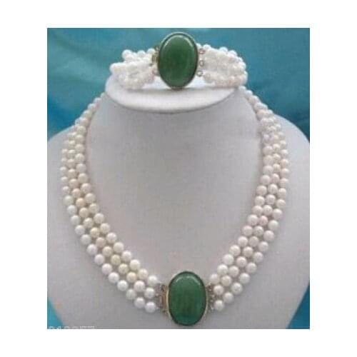 Lovely Nice Bridal 3 Rows 7-8mm White Pearl Green Gem Clasp Necklace Bracelet Jewellery Woman Word Wholesale