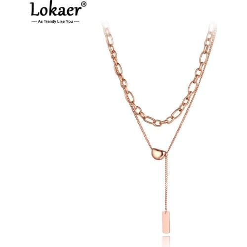 Lokaer Original Design Stainless Steel Double-layer Choker Necklace Trendy Heart Charm Pendant Chain Necklace For Women N20256