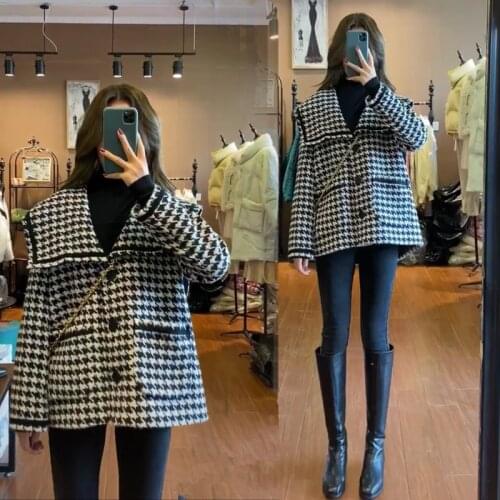 2020 autumn and winter new Korean style small fragrance jacket womens wild loose houndstooth ladies short top trend