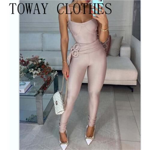 Plain Square Neck Sleeveless Tied Detail Skinny Jumpsuit Chic One Piece Summer Playsuit For Women 2021