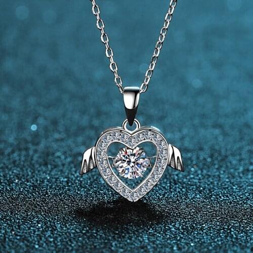 Silver 925 Original 0.5 Carat Diamond Test Past Round D Color Moissanite Heart Wing Pendant Necklace Gemstone Wedding Jewelry