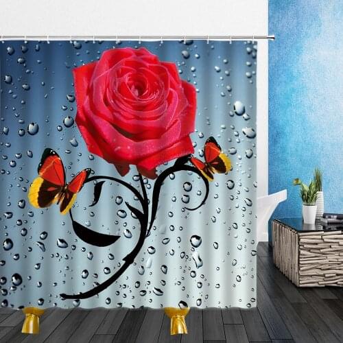 Flowers Shower Curtains Butterfly Water Droplets Red Rose Pattern 3D Print Waterproof Cloth Bathroom Decor Curtain With Hooks