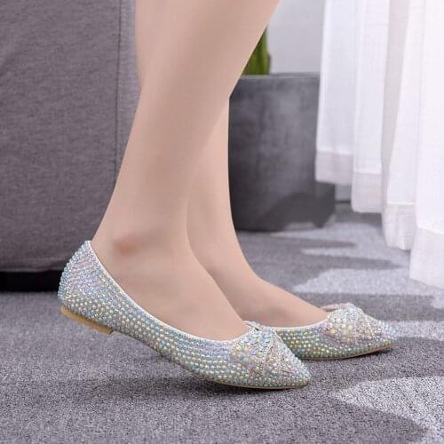 Luxury Bow Crystal Wedding Flat Pointed Toe Ladies Party Dress Shoes Woman Performance Big Size 43