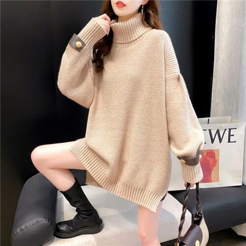 Womens Turtleneck Sweater Pullover 2020 Autumn Winter Loose Casual Flare Sleeved Splice Wild Solid Color Ladies Knitted Jumper