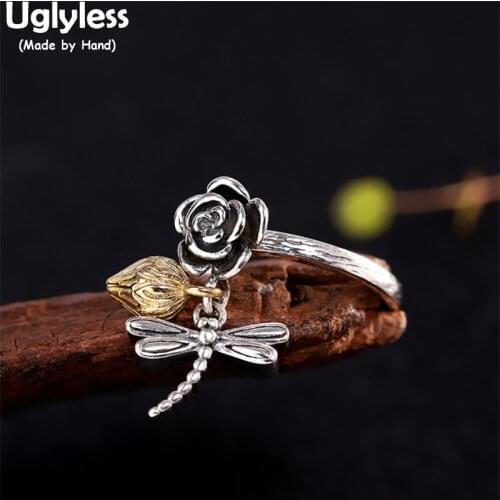 Uglyless Lovely Dragonfly Rings for Women Thai Silver Rose Open Ring Real 925 Silver Handmade Insects Gifts Jewelry Lotus Buds