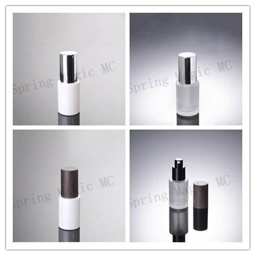 30ML Pearl White/Frosted Glass Lotion Bottle With Bright Silver/Wood Grain Lid For Emulsion/Foundation/Essence Skin Care Bottles