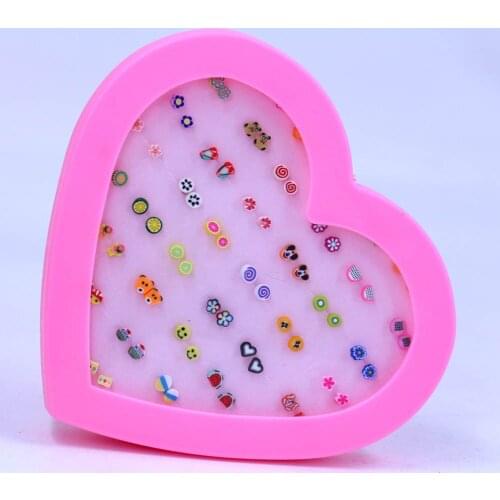 36 pairs Small Size Mini handmade flower clay earring stud sets fruit earring set for kids child with heart box New Design