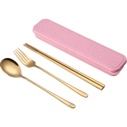 4pcs/set Portable Travel Tableware Set Stainless Steel Dinnerware With Box Kitchen Chopsticks Fork Spoon Dinner Set Kid Cutlery