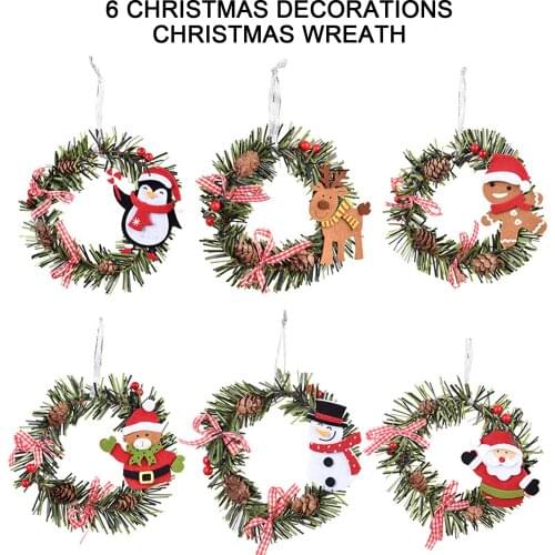 6 Christmas Wreath New Year Decorations Pendant Santa Claus Elk Round PVC Ornaments Christmas Tree Pine Cone Pendant