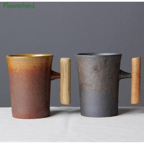 Large Japanese Ceramic Mug Coffee Mugs with Wooden Handle Porcelain Tea Mug Milk Cup Personalized Teaware Coffeeware