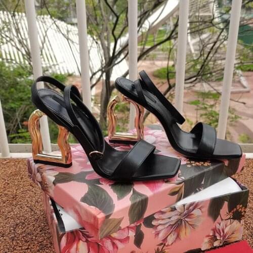 Summer Fashion Women Shoes Black Genuine Leather Gold Metal Heeled Strappy High Heels Sandals sandalias mujer sandals women 2021