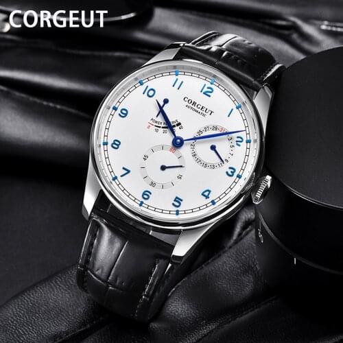 CORGEUT Fashion leather Power reserve Automatic calendar mechanical watches Hollow case luxury men watch relogio masculino