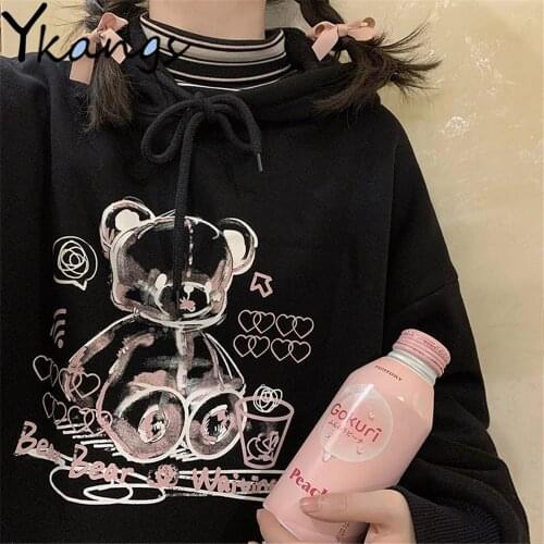 Black Hoodie Kawaii Cartoon Print Long Sleeve Sweet Women Sweatshirt Harajuku Spring Autumn Goth Anmie Student Hooded Pullover