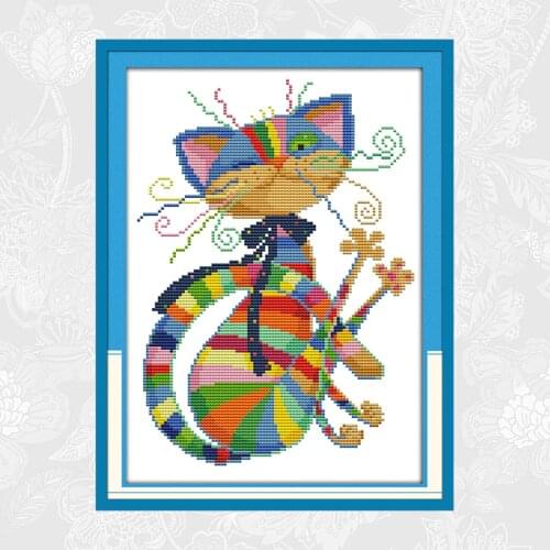 Joy Sunday Colorful Cat Painting Cross Stitch Aida Fabric 11CT 14CT DIY Handmade Cross-Stitch Kits Embroidery Needlework