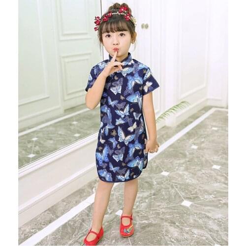Baby Girls chinese traditional butterfly dress Short qipao cheongsam New Year Party Summer Cotton Dresses