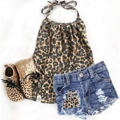 2pcs Set Newborn Kids Baby Girls Leopard Print Sleeveless Halter Tops And Hole Jeans Shorts Outfits Clothes Set 1-6 Years
