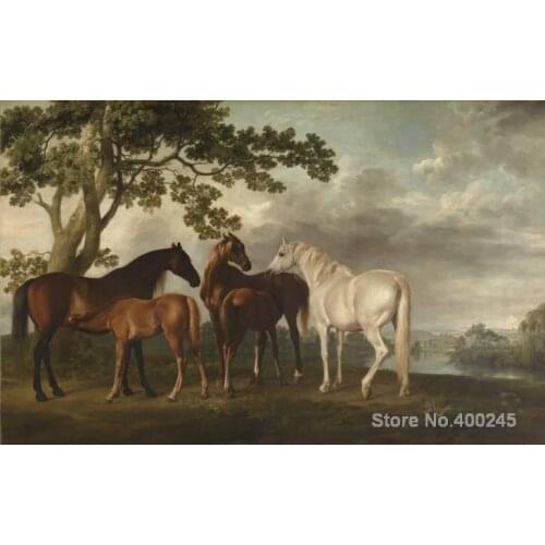 Horse oil Paintings by George Stubbs Mares and Foals in a River Landscape Bedroom decor High quality Classic arts on Canvas