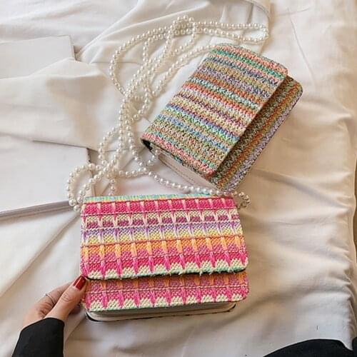 Fashion Bohemian Style Women Woven Crossbody Shoulder Messenger Bag Ladies Summer Beach Vacation Pearl Chain Mini Handbags