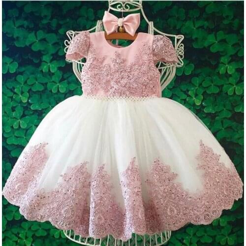 Fashion Pink O Neck Appliqued Beaded Lace Short Sleeve Ball Gown Flower Girl Dresses