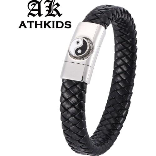 Men Black Leather Bracelet Stainless Steel Magnetic buckle Men Chinese Traditional Gossip Charm Bracelet Bangle Jewelry PD0313