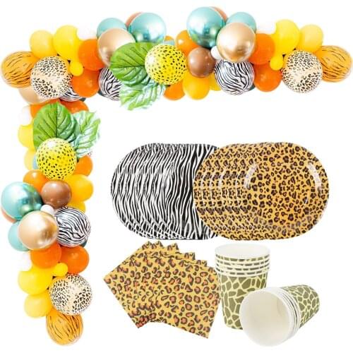 1Set Leopard Party Disposable Tableware Wild Animals Safari Jungle Party Leaves Balloons Kids Birthday Digital Balloon Supplies