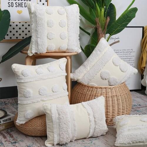 White Beige Geometric Embroidery Cushion Cover Tassels Home Decor Pillow Cover Dot PillowCase Pillow Sham 30x50cm/45x45cm