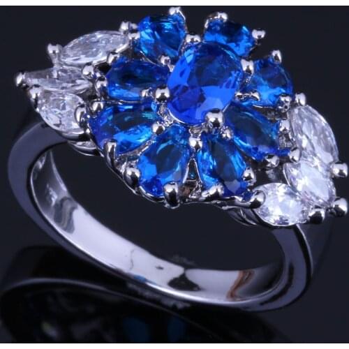 Heavenly Flower Blue Cubic Zirconia White CZ Silver Plated Ring V0640