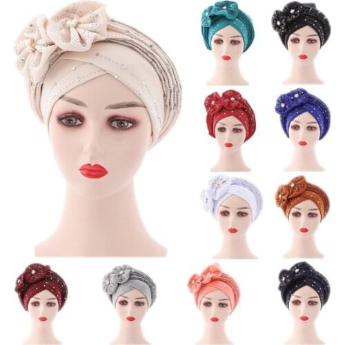 New High Quality Headscarft Caps Womens Fashion Rhinestone Flowers Turban Bonnet African Headwear Hats India Nigerian Headtie