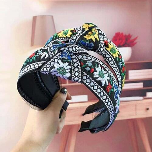 Female Ethnic Hairband Embroidery Flower Headband Head Bezel for Women Cross Top Knotted Hair Hoop Hair Accessories Headwear