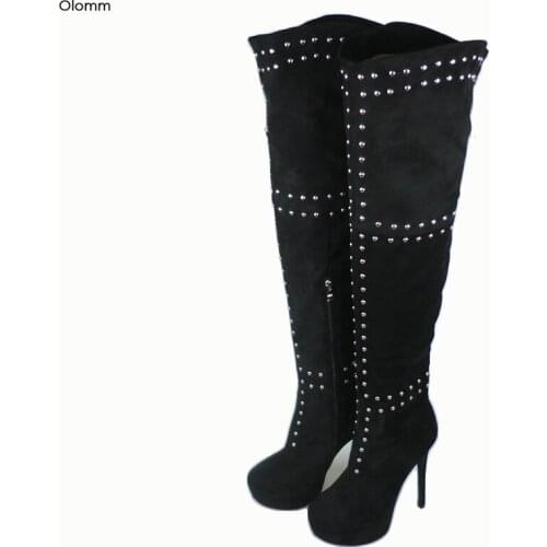 Olomm Women Platform Over The Knee Boots Sexy Stud Thin Heels Boots Round Toe Black Blue Wine Red Party Shoes Women US Size 5-15
