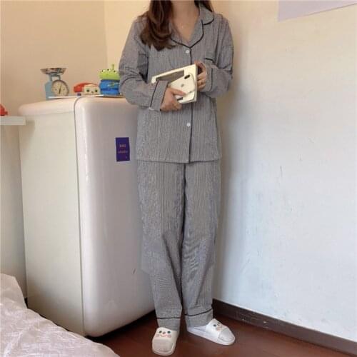 Couple sleepwear striped cotton comfortable korean chic loose homewear 2 piece set spring autumn new pajamas women men Y948
